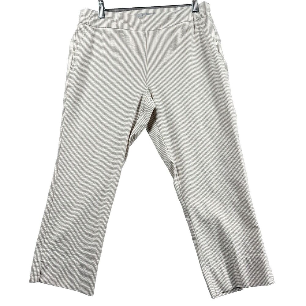 Seersucker Pants Tan/White Size 10 Ankle Slit Straight Leg Flat Front Dalia